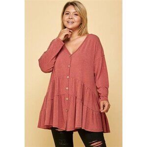 Solid Long Sleeves Button Up Swing Tunic Top With Ruched Detail- Made in USA